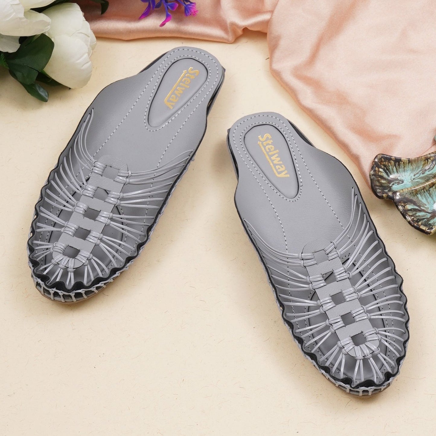 Grey Handcrafted flat sandal clogs for women