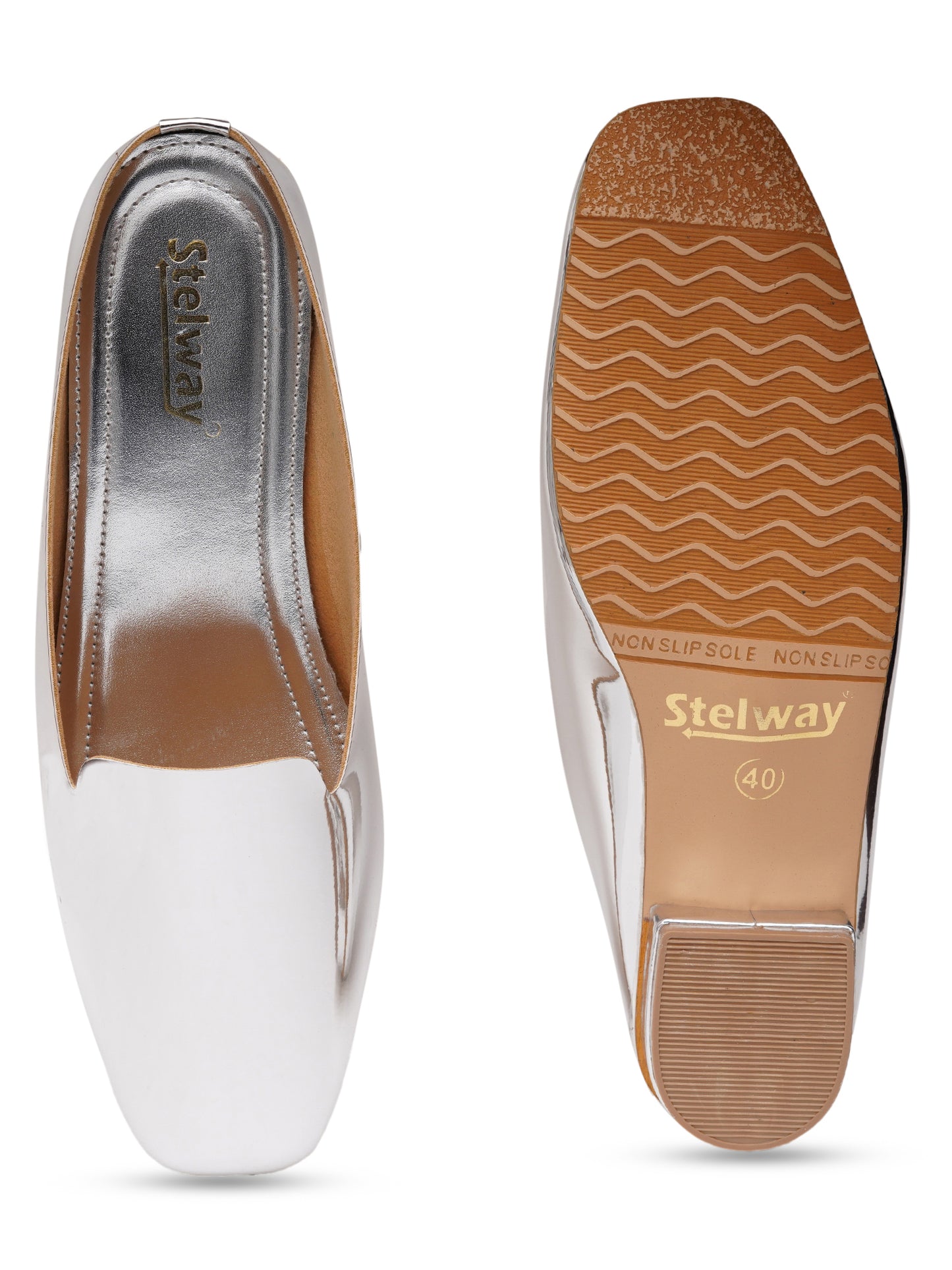 Shiny Silver Square toe style Mules for women footwear
