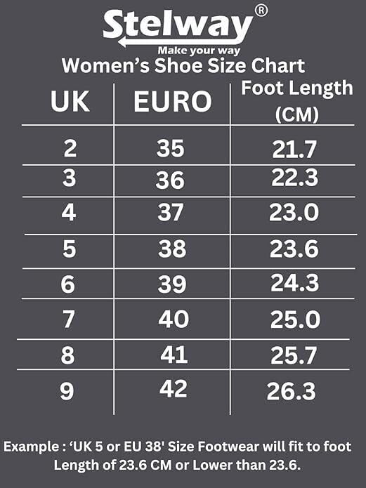 Stelway Women's Shoe size chart, UK,EU,Foot length in CM