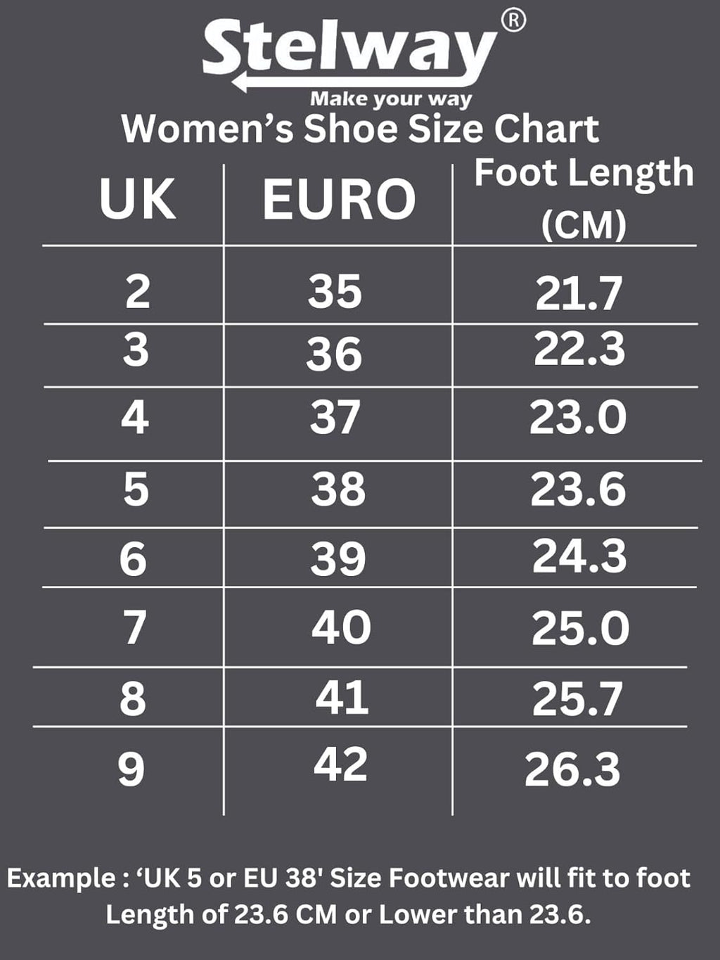 Stelway women's shoe size chart in UK, EU, CM in foot length