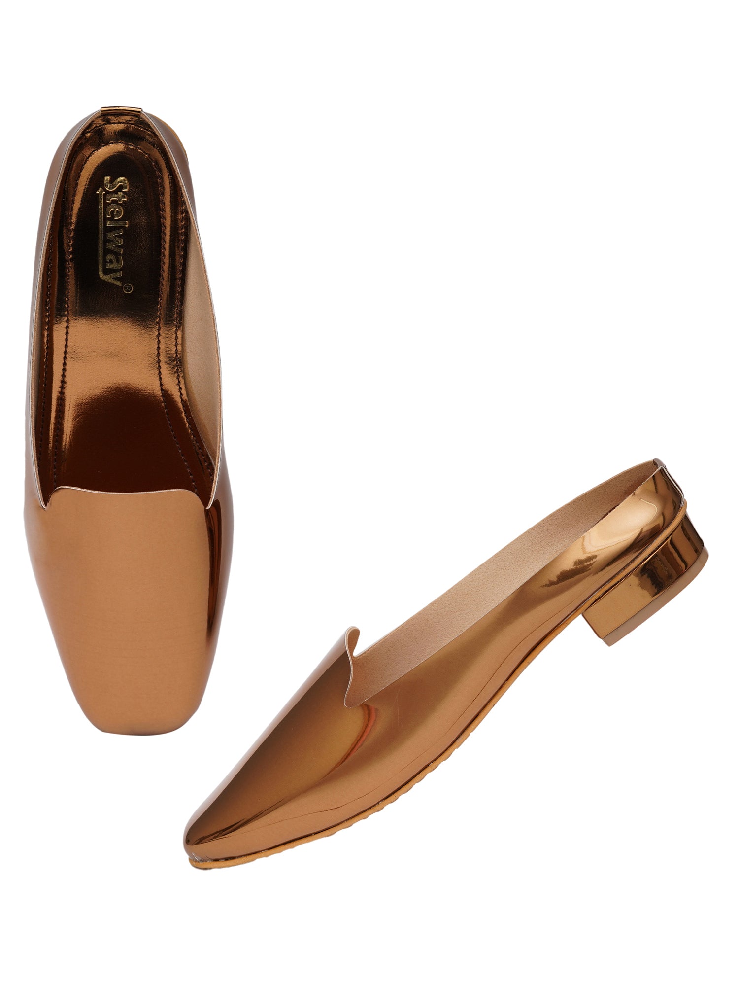 Shiny copper mules with block heels for women online