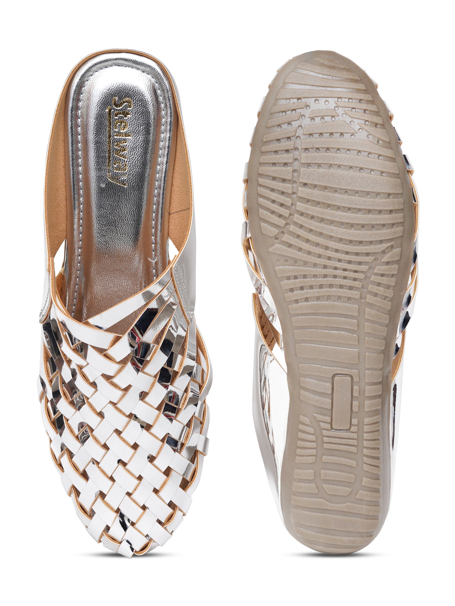 Stelway shiny silve flat mules for women with non slip tpr sole