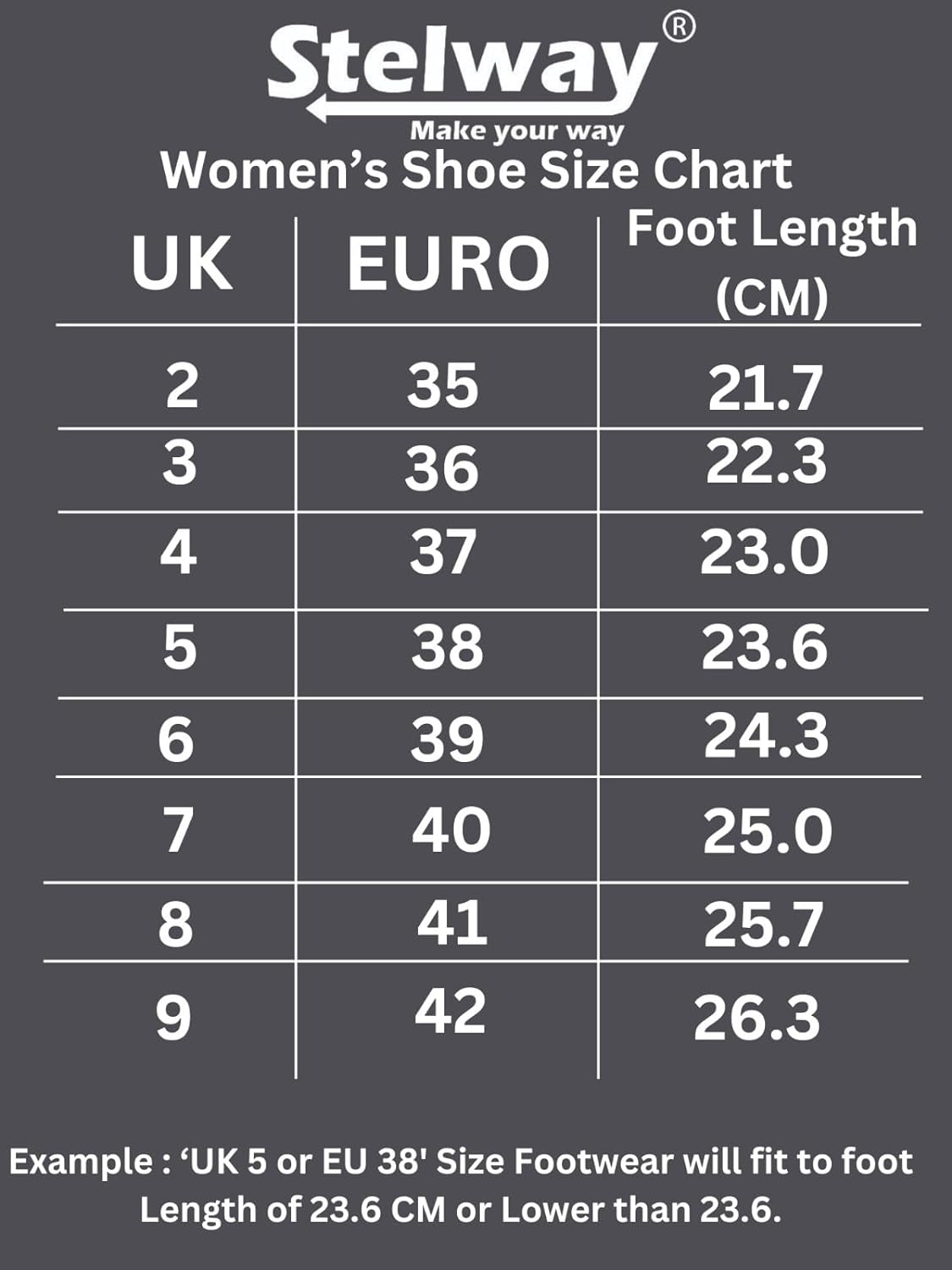Stelway Women's Shoe Size chart (UK, EU size in CM)