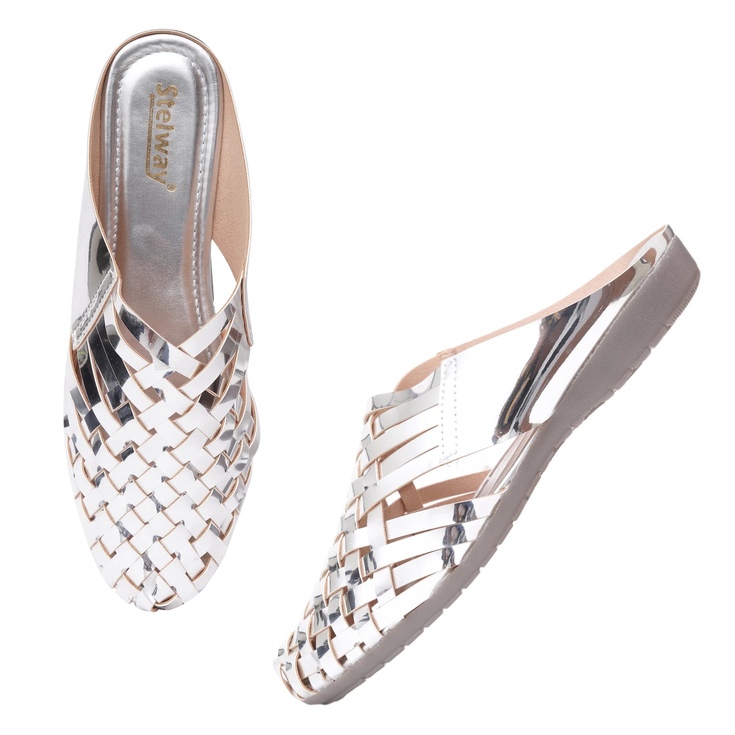 Shiny Silver Criss-cross Chromium Mules