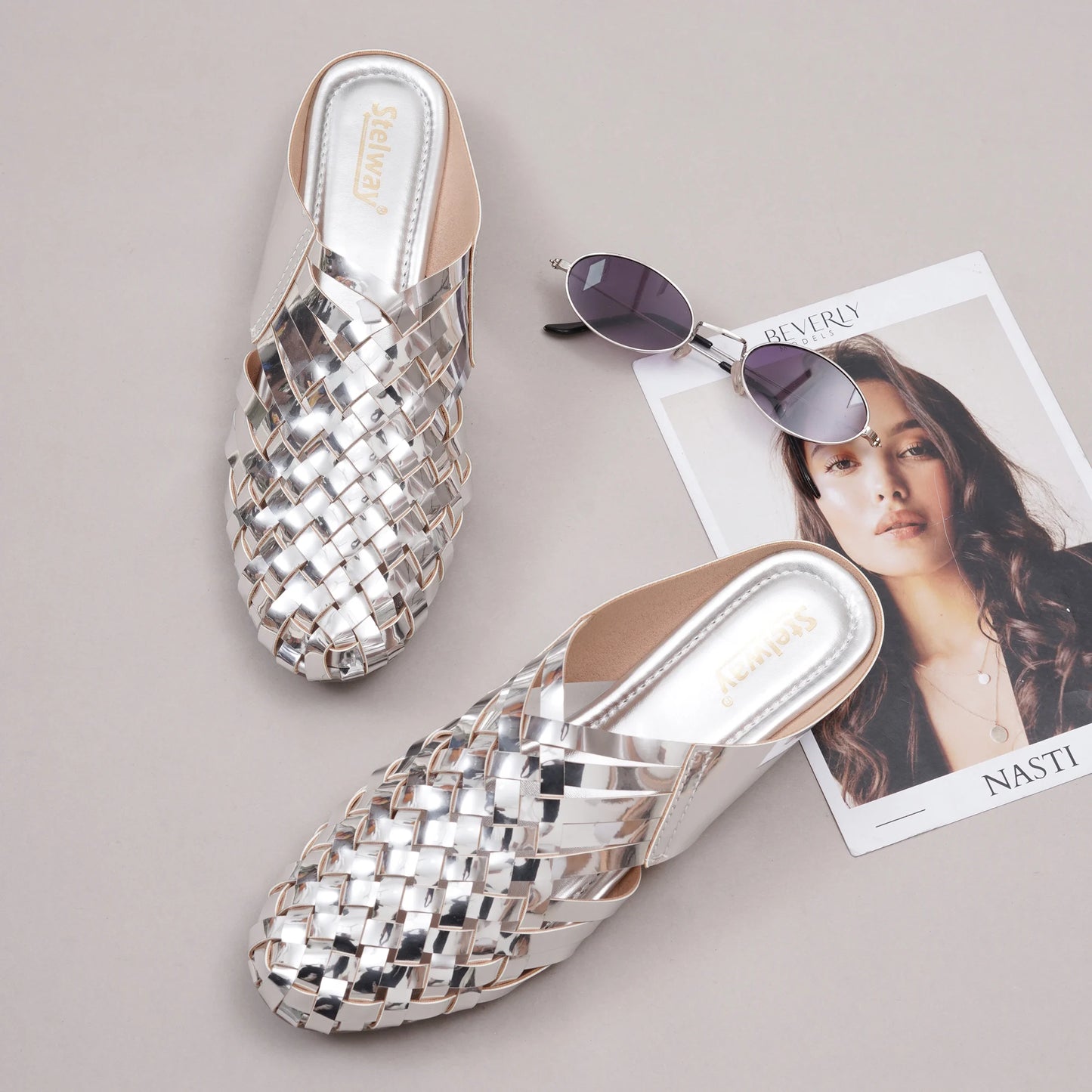 Shiny Silver Criss-cross Chromium Mules