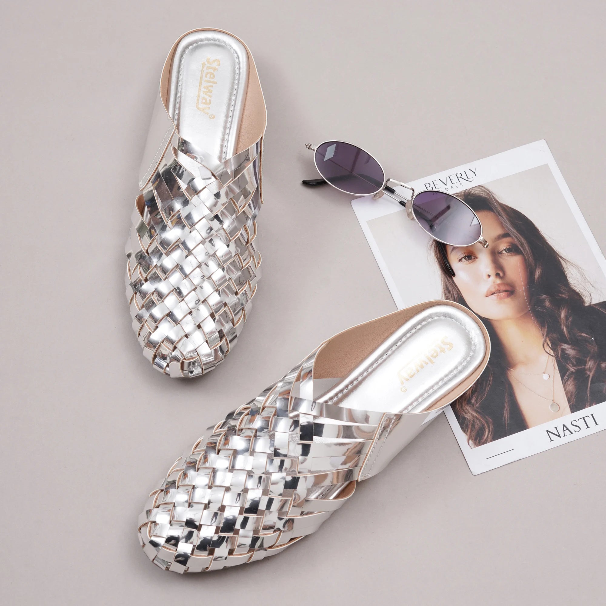 Shiny Silver Criss-cross Chromium Mules