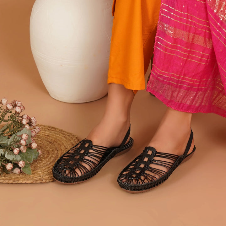 Black Handcrafted Flat Sandal Clogs