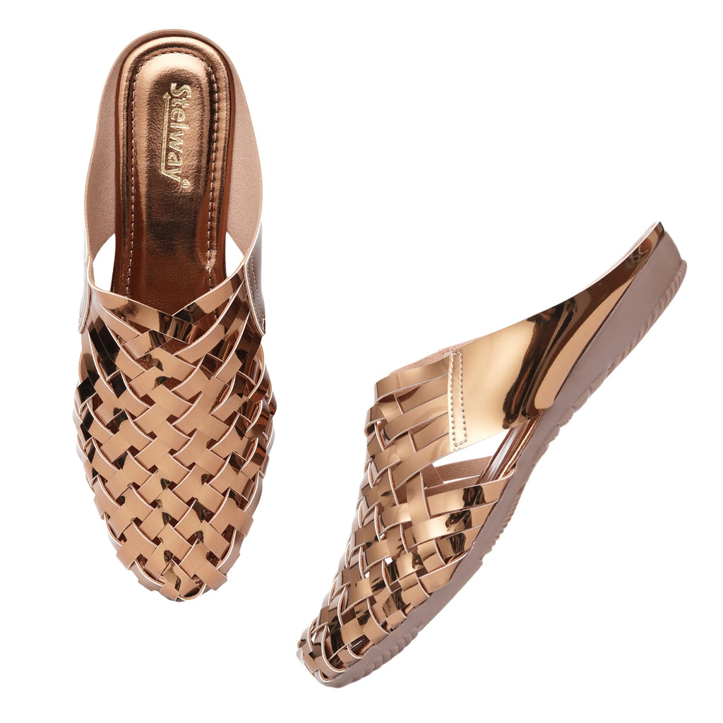 Shiny Copper Criss-cross Chromium Mules