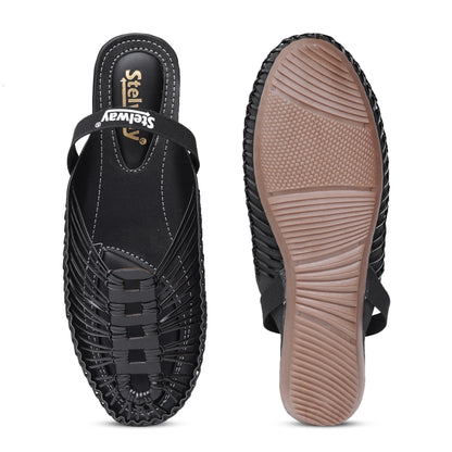Black Handcrafted Flat Sandal Clogs