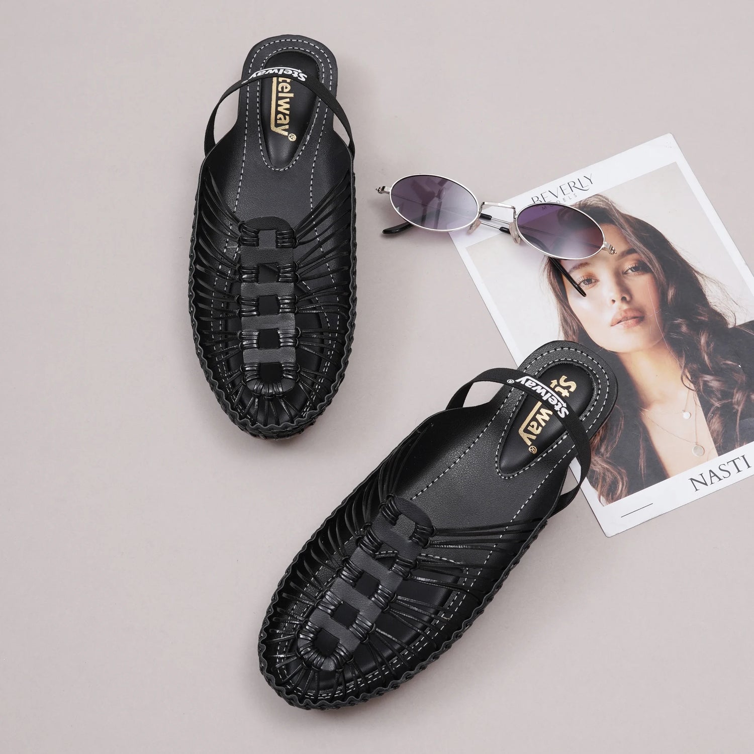 Black Handcrafted Flat Sandal Clogs