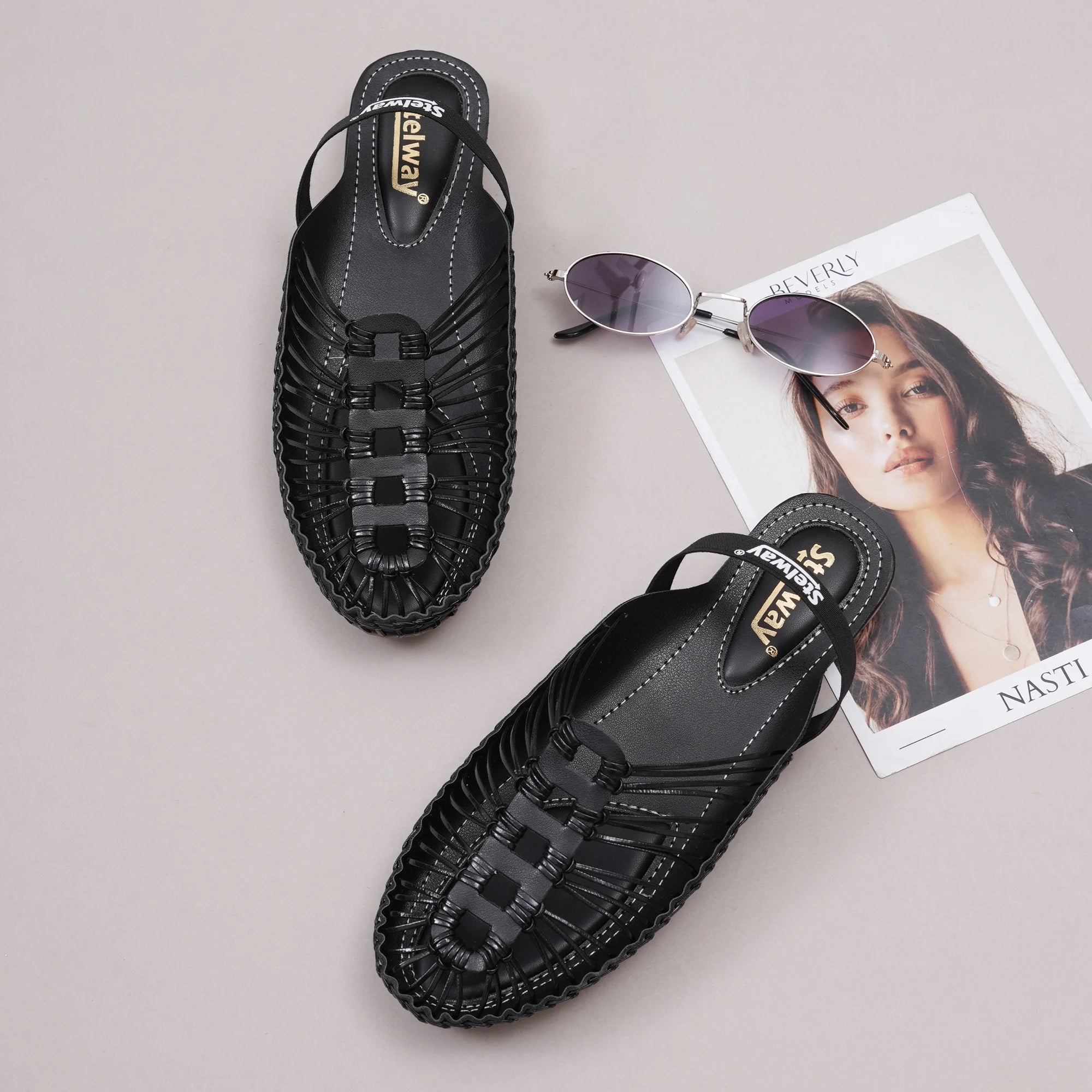 Black Handcrafted Flat Sandal Clogs