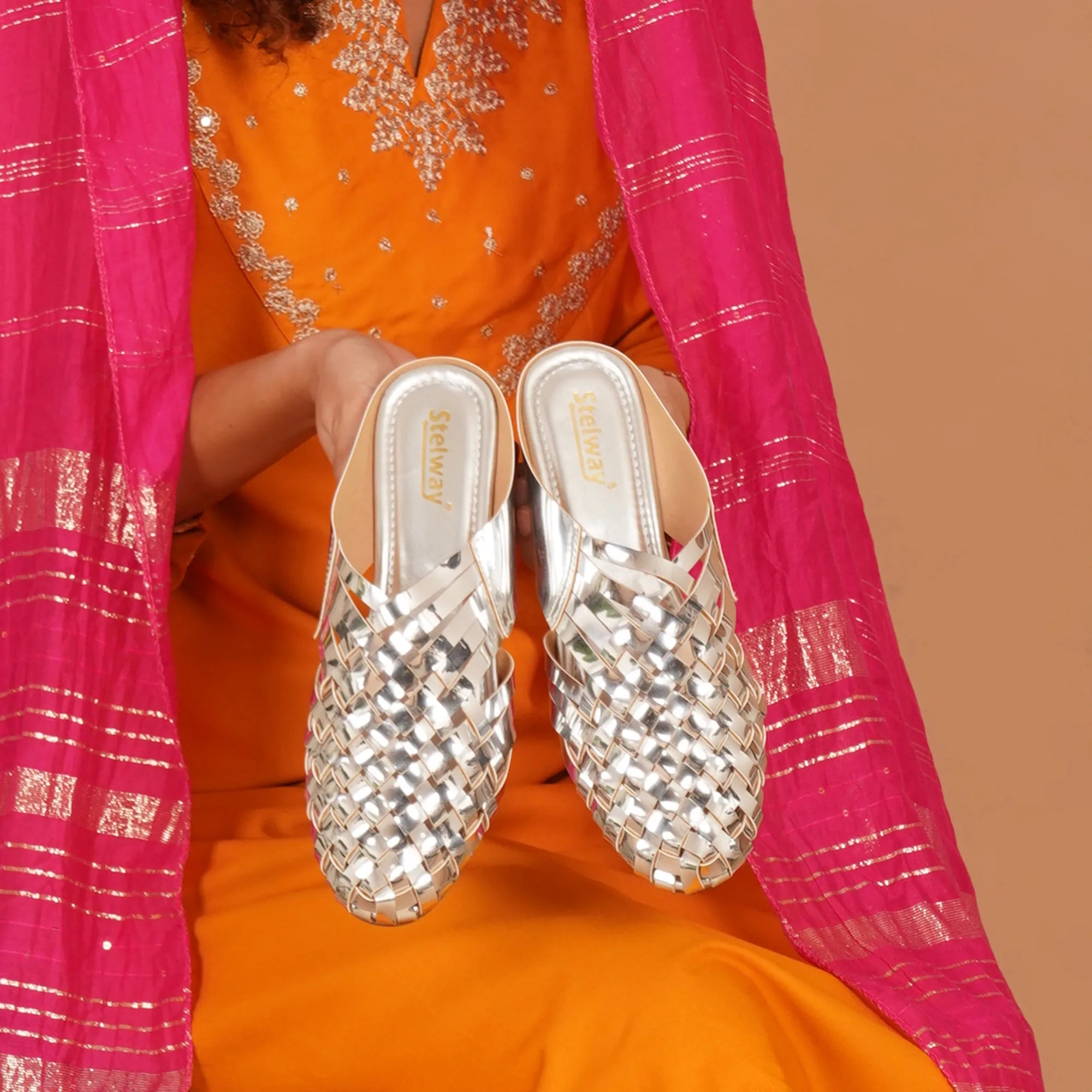 Shiny Silver Criss-cross Chromium Mules