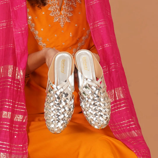 Shiny Silver Criss-cross Chromium Mules