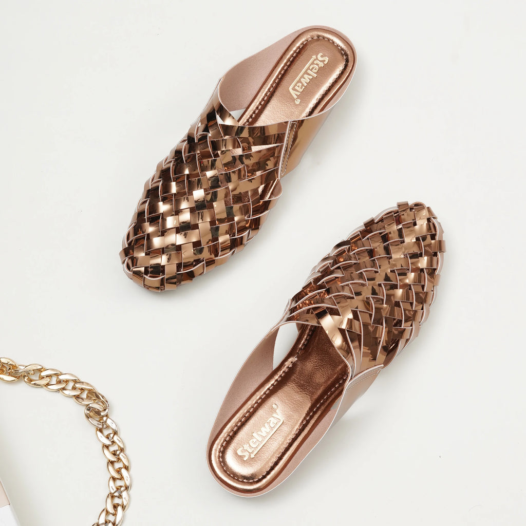 Shiny Copper Criss-cross Chromium Mules