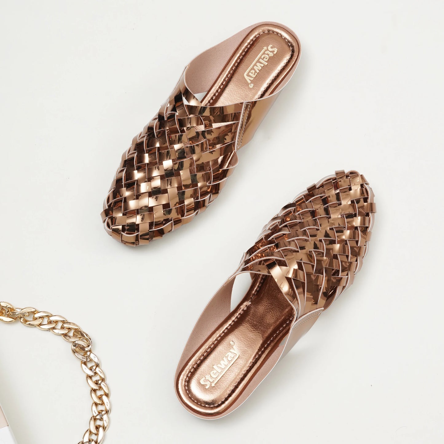 Shiny Copper Criss-cross Chromium Mules