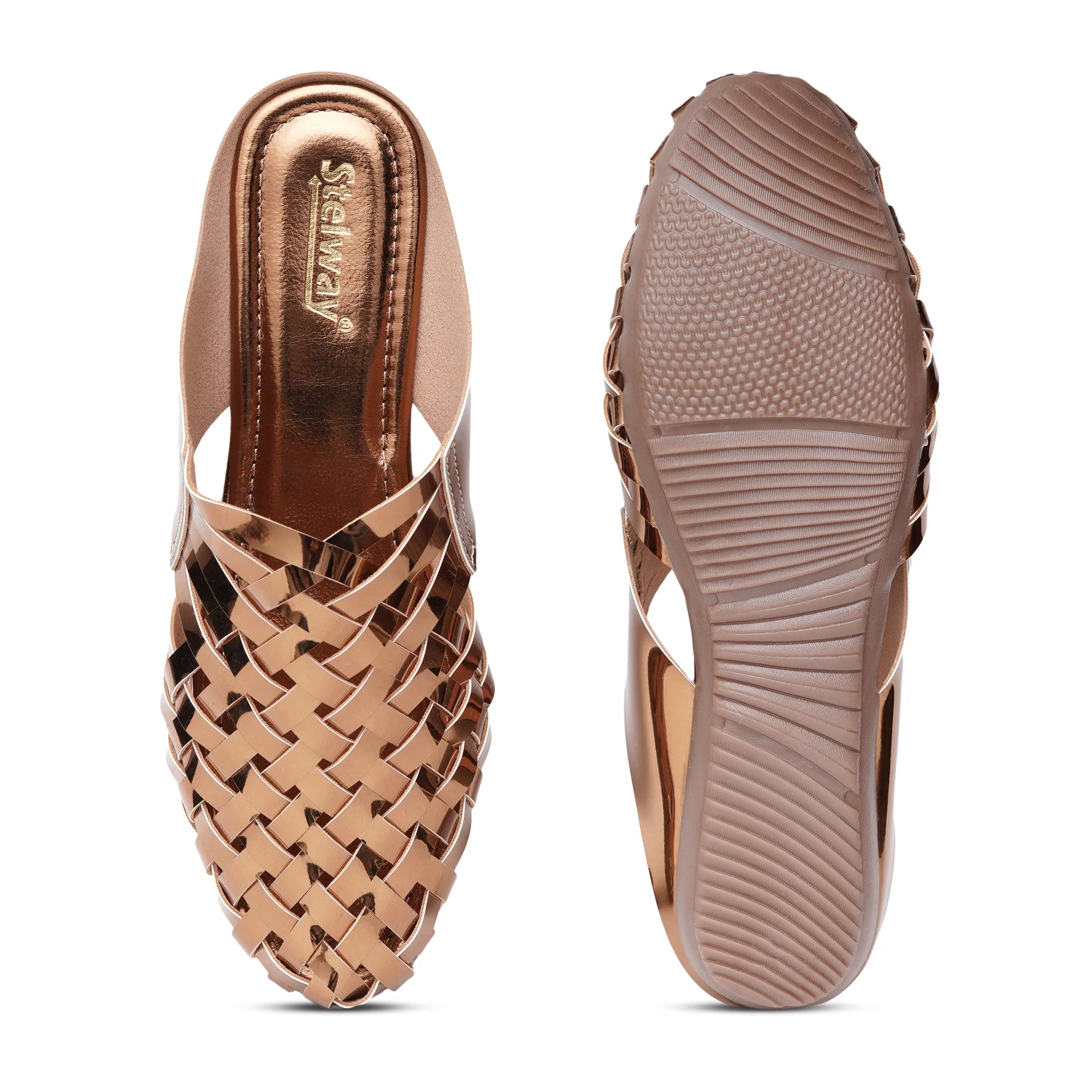 Shiny Copper Criss-cross Chromium Mules